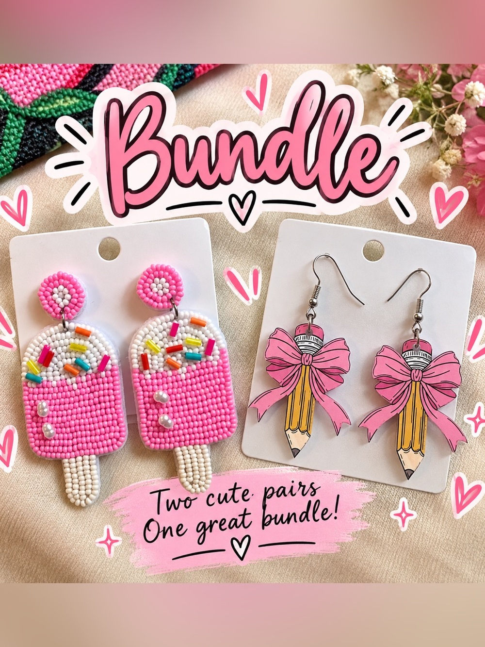 Pink Popsicle & Pink Bow Pencil Kids Earring Bundle